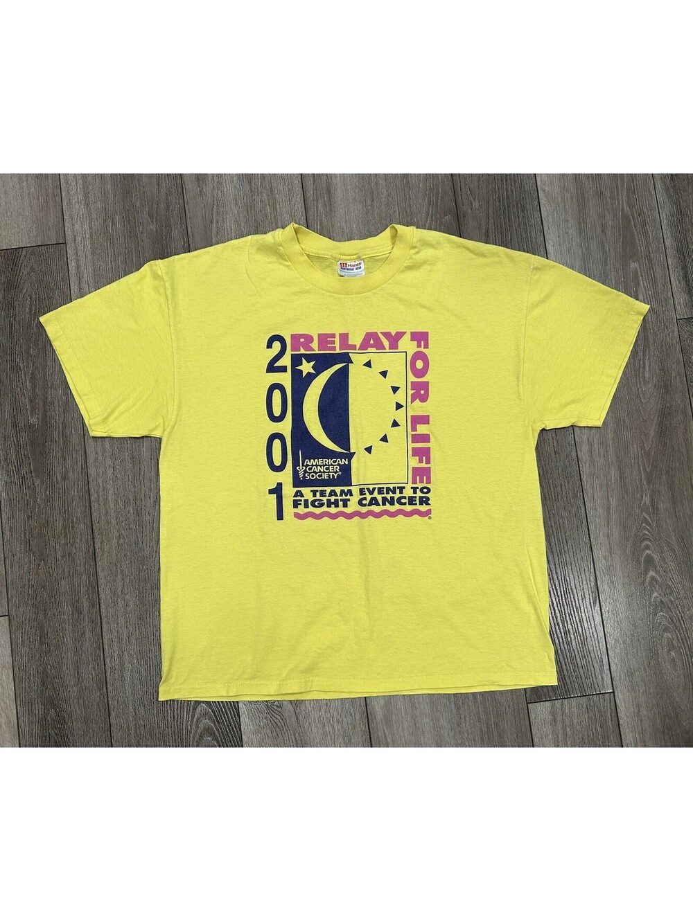 Vintage 2001 Relay For Life T Shirt  Cancer Run Yellow Double Sided Size Large L